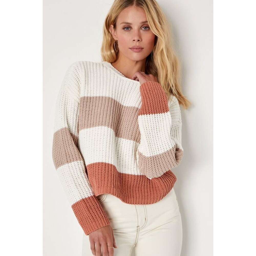 Lulus Moments Of Cozy Ivory Multi Striped Crew Neck Pullover Sweater White